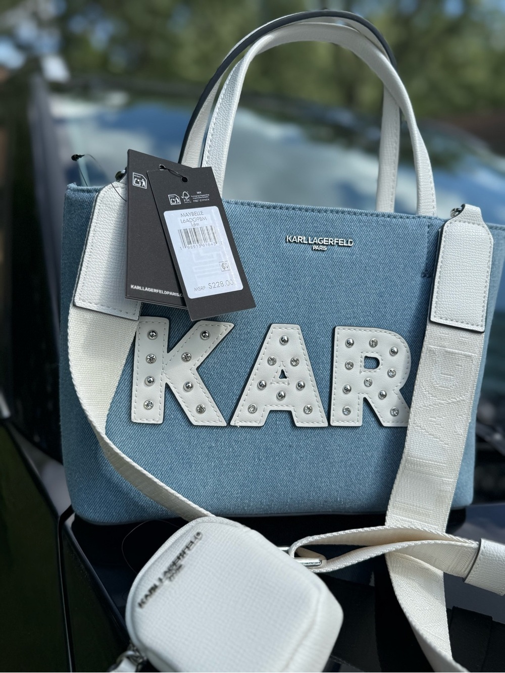 Karl Lagerfeld Light Blue Denim KAR Patch Shoulder Bag with White Trim
